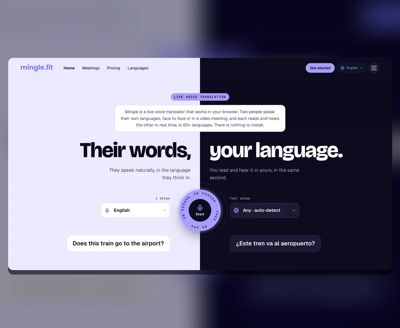 Mingle.fit home page: “Their words, your language”, with a split-screen translator