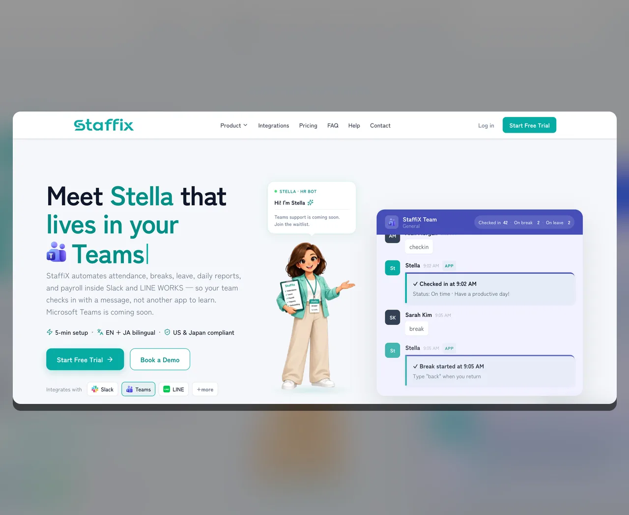 Staffix home page: the Stella HR bot checking staff in and out inside a Slack channel