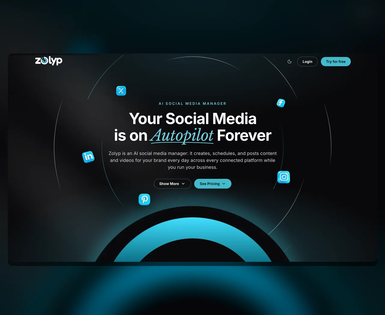 Zolyp home page: “Your Social Media is on Autopilot Forever”